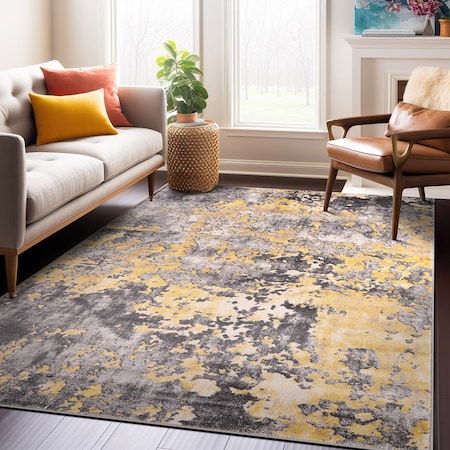 World Rug Gallery Contemporary Distressed Abstract Watercolor Non Shedding Soft Area Rug 7' 10 x 10' Yellow 395YELLOW8x10